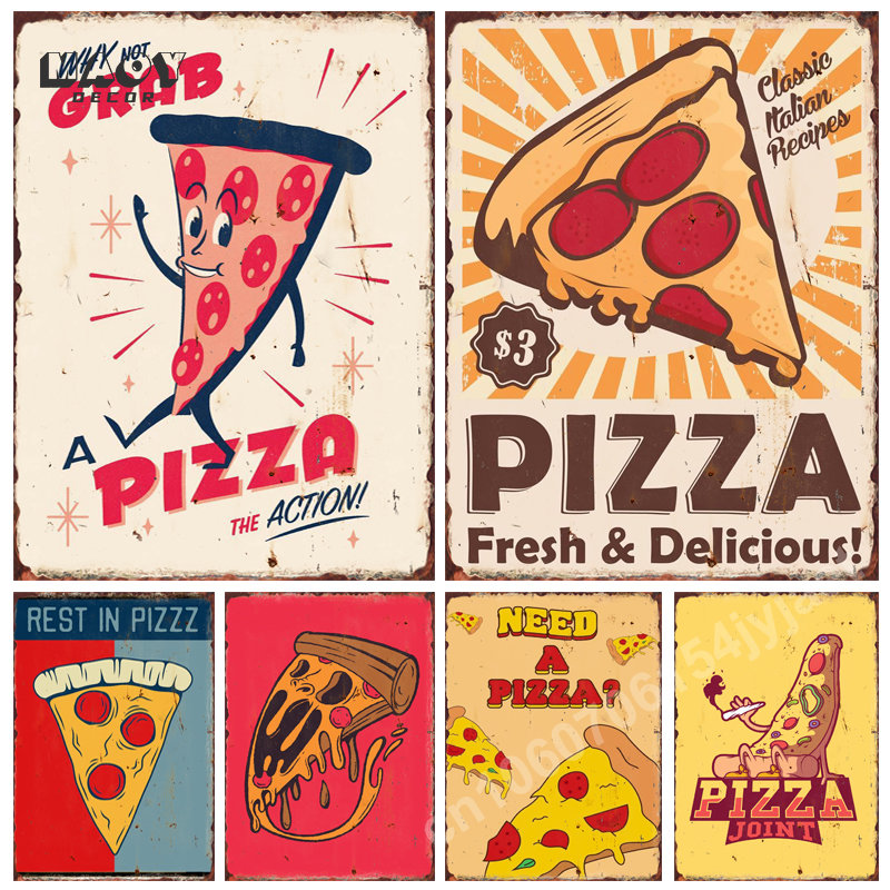 Food Snacks Background - Lustige Pizza-Metallschilder für Küche, Restaurant, Snackbar,