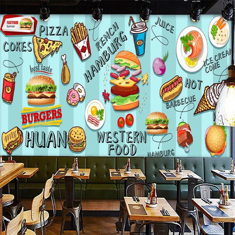 Food Snacks Background - Maßgefertigte 3D-Tapete Handgemaltes Hamburg Fast-Food-Restaurant Snackbar